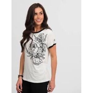 Agnes and Dora Floral‎ Graphic Ringer Tee T-Shirt, Black and Beige